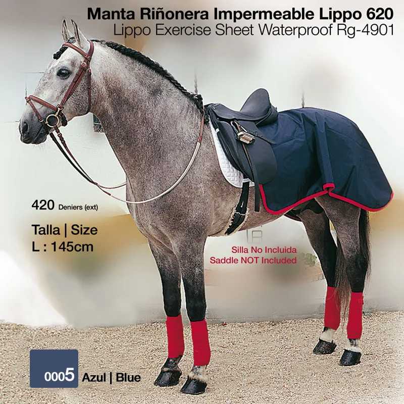 MANTA RIÑONERA IMPERMEABLE LIPPO 620 SOBRE CABALLO TORDO CON RIENDAS Y VENDAS ROJAS.